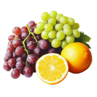 Fresh red and green grapes alongside a sliced orange and whole lemon on a transparent background, Red and green grapes, orange, lemon on transparent background png
