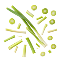 Freshly sliced lemongrass arranged in a circular pattern on a clean transparent background showcasing vibrant green hues, lemongrass slices top view on transparent background png