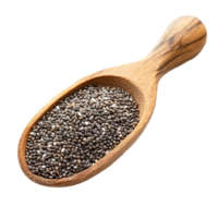 Chia seeds in a wooden spoon on a transparent background showcasing their texture and color, Chia seeds in wood spoon isolated on transparent background png