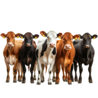 A diverse group of cows standing together on a transparent background showcasing their unique colors and patterns, group of cows of different color isolated on transparent background, png