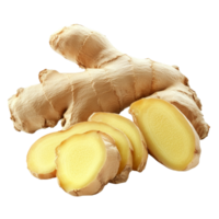 Fresh ginger root with sliced segments on a clean transparent background for culinary use and health benefits, fresh Ginger root and slice isolated on transparent background png