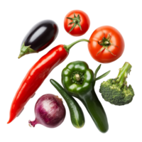 Colorful mix of fresh vegetables including tomatoes, peppers, and broccoli on a clean transparent background, Mixed vegetables isolated on transparent background png