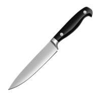 Sharp kitchen knife with a black handle and silver blade creating a shadow on a transparent background, kitchen knife, file of isolated object with shadow on transparent background png