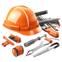 A collection of construction tools and a safety helmet arranged neatly on a surface, ideal for building projects in various settings, Construction tools with safety helmet Stock Illustration png