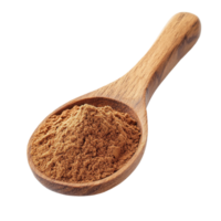 Cinnamon powder in a wooden spoon resting on a plain transparent background showcasing its rich texture and warm color, Cinnamon powder in wood spoon on transparent background png