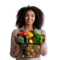 Young woman joyfully holds a basket full of fresh vegetables and fruits in a bright, cheerful setting, file no background Young woman holding a full shopping basket png