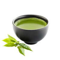 Enjoying a soothing bowl of matcha green tea with fresh leaves on a clean transparent surface, Matcha green tea in black bowl and leaves isolated on transparent background png