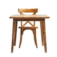 Rustic wooden table and chair set against a plain transparent background showcasing natural craftsmanship and simplicity, Wood table and chair on transparent background. wooden table with chair png