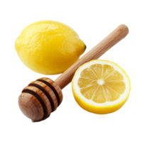 Fresh lemon halves and a wooden honey dipper arranged on a clean transparent background, perfect for culinary moments, lemon and wooden honey dipper isolated on transparent background png