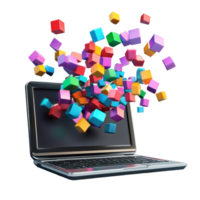 Colorful cubes emerging from a laptop screen representing digital creativity in a modern workspace, Cubes coming out from computer laptop screen Stock Photo png