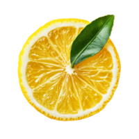 Fresh lemon slice with green leaf isolated on transparent background for culinary use and decoration, Slice of lemon fruit with leaf isolated on transparent background png