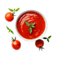 Fresh tomato sauce served in a transparent bowl surrounded by ripe red tomatoes and green herbs on a clean background, tomato sauce on transparent background png
