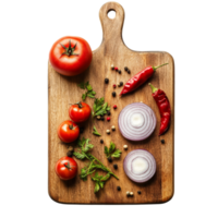 Fresh vegetables and spices on a rustic wooden cutting board ready for meal preparation, Isolated wooden cutting board png