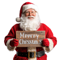 Jolly Santa Claus joyfully holding a Merry Christmas sign in a festive atmosphere, Jolly Santa Claus Holding Merry Christmas Sign on transparent background png