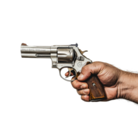 A hand gripping a revolver firmly against a plain transparent background, emphasizing gun control and safety awareness, Hand Holding Revolver on transparent background png