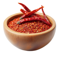 Cayenne pepper flakes and dried pods displayed in a rustic wood bowl on a clean transparent background, Cayenne pepper in wood bowl on transparent background png