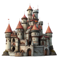 A stunning medieval castle with intricate towers and red roofs set against a blue sky, capturing a fairy tale atmosphere, Fairy Tale Castles, Fantasy Medieval Architecture Isolated on transparent png