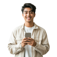 Attractive young Asian man smiling while using a mobile device indoors during daytime, Attractive young smart Asian man using mobile smart phone transparent background png