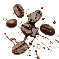 Spilled coffee beans creating an artistic splash on a transparent surface with rich brown tones, Spilled coffee beans isolated png