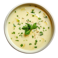 Creamy potato leek soup garnished with fresh herbs served in a bowl on a transparent background, perfect for a cozy meal any time of year, Creamy Potato Leek Soup with Herbs On transparent background png