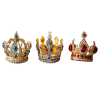 Elegant royal crowns displayed on a transparent background showcasing intricate designs and rich colors, Royal Crowns on transparent background png