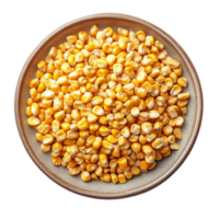 Corn seeds arranged neatly in a brown plate on a clean transparent background showcasing their vibrant yellow color and texture, corn seeds in a plate on transparent background png