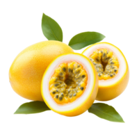 Yellow passion fruit cut in half with vibrant pulp and green leaf on a transparent background captured in daylight, yellow passion fruit with leaf on transparent background png
