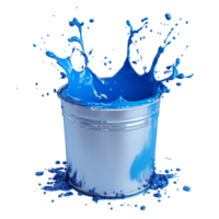 Vivid blue paint splashes dramatically from a silver bucket creating an artistic display, blue paint splashing from silver shiny paint bucket on transparent background png