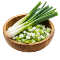 Sliced green onions in wooden bowl on a transparent background ready for culinary use, Slice green onions in wood bowl on transparent background png