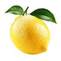 This lemon features a bright yellow peel with a textured surface and fresh green leaves, lemon isolated on transparent background png