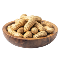 Peanuts in a wooden plate on a transparent background showcasing their natural texture and form, Peanut in wood plate isolated on transparent background png