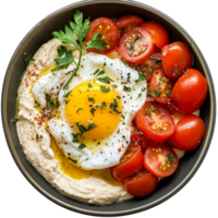 Delicious bowl of hummus topped with a poached egg and fresh cherry tomatoes served for lunch, hummus bowl with poached egg and tomatoes png