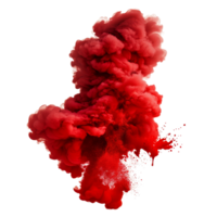 A vibrant red paint splash explosion creates an impressive smoke cloud on a transparent background, red paint splash explosion smoke cloud isolated on transparent background png
