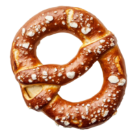 A delicious soft pretzel isolated on a transparent background showcasing its unique twisted shape and golden brown texture, single delicious pretzel top view isolated on transparent background or png