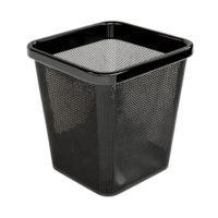 Black mesh trash can on transparent background, ideal for office or home use, black square mesh trash can isolated on transparent background png