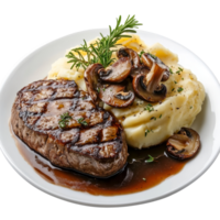 Grilled steak served with creamy potato mash and sautaed mushrooms on a transparent plate, steak dish with potato mash mushroom isolated on transparent background png