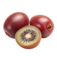 Fresh red kiwi fruit on a clean transparent surface, showcasing its unique texture and vibrant color in natural lighting, red kiwi fruit on transparent background png