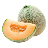 Fresh cantaloupe with seeds and a sliced section isolated on a transparent background, melons or cantaloupe with seeds isolated on transparent background png