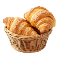 Golden croissants nestled in a woven basket on a clean transparent background, showcasing delicious flaky layers and inviting warmth, Croissant in basket on transparent background png
