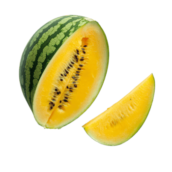 recién cortar amarillo sandía rebanada descansa junto a todo Fruta en un limpiar transparente fondo, amarillo sandía y un cortar rebanada en transparente antecedentes png