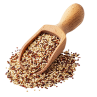 A wooden scoop filled with a colorful pile of raw quinoa grains on a transparent background, Pile of mixed raw quinoa in wood scoop isolated on transparent background png