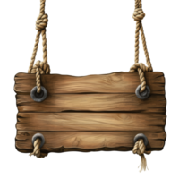 Rustic wooden signboard with hanging ropes isolated against a plain background, Rustic Wooden Signboard with Hanging Ropes isolated on transparent background png