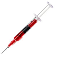 Plastic syringe filled with bright red liquid isolated on a clean transparent background in a clinical setting, plastic syringe with red liquid isolated on transparent background png