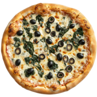 Delicious spinach pizza topped with olives and cheese on a clean transparent background for quick meal ideas, Isolated spinach pizza with olives and cheese png