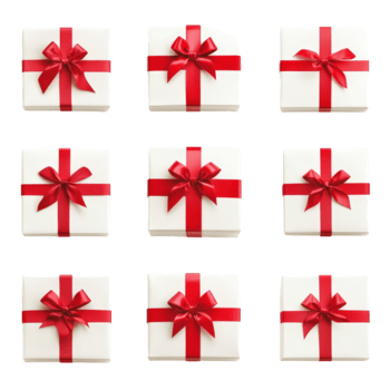 A collection of festive Christmas gift boxes adorned with red ribbons arranged in a neat grid pattern on a transparent surface, multiple christmas gift boxes with red ribbon bow isolated transparent png