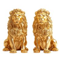 A stunning collection of two gold sitting lion sculptures elegantly displayed, highlighting intricate details and majestic form, two Gold Sitting Lion 3d Sculpture isolated on transparent background png
