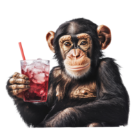 A cheerful chimpanzee enjoys a refreshing drink while relaxing in a sunny summer setting, Summer Vibe Relaxing Chimpanzee with a Cold Drink On transparent background png