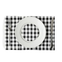 A top view of a checkered tablecloth with a transparent plate and cutlery arranged for a meal setting, Top view checkered tablecloth and plate on transparent backgroundfile png