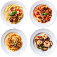 Delicious pasta dishes featuring bolognese, carbonara, mushroom, and seafood variations served creatively, Pasta Dishes Bolognese, Carbonara, Mushroom, and Seafood on transparent background png