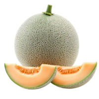 Fresh whole and sliced Japanese melon displaying its sweet orange flesh in a bright setting, whole and slice of japanese melons, or cantaloupe isolated transparent background png